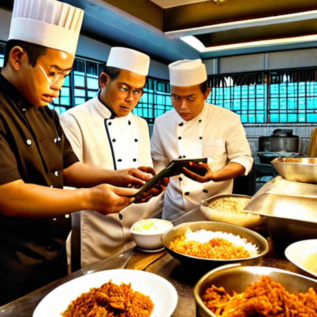 **Image Prompt:** Busy Kuala Lumpur restaurant kitchen, chefs analyzing sales data on tablets, nasi lemak ayam berempah prominently displayed, modern Malaysian cuisine, warm lighting.