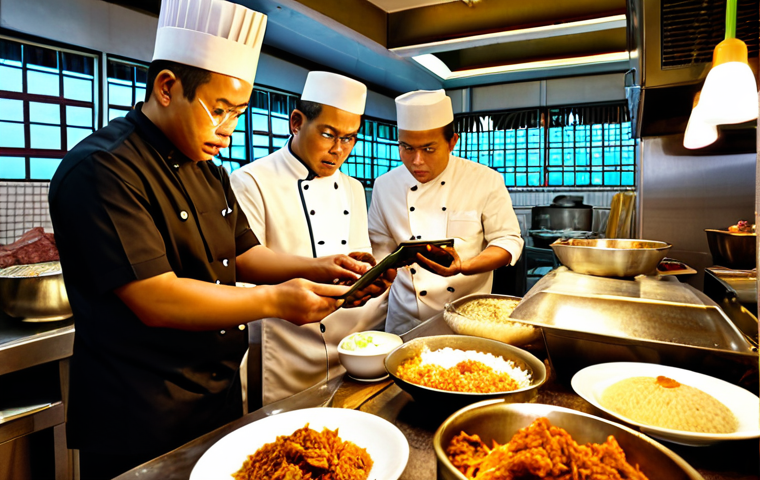 **Image Prompt:** Busy Kuala Lumpur restaurant kitchen, chefs analyzing sales data on tablets, nasi lemak ayam berempah prominently displayed, modern Malaysian cuisine, warm lighting.