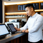 A professional Malaysian F&B business owner, wearing modest business casual attire, standing confidently behind a modern, clean counter in a bustling yet organized cafe in Shah Alam. They are looking at a sleek, cloud-based Point of Sale (POS) system on a tablet, showcasing efficient order management. The background features a subtly blurred, modern cafe interior with professional lighting, indicating a lively business.
    fully clothed, modest clothing, appropriate attire, professional dress, safe for work, appropriate content, professional, perfect anatomy, correct proportions, natural pose, well-formed hands, proper finger count, natural body proportions, high quality photography.