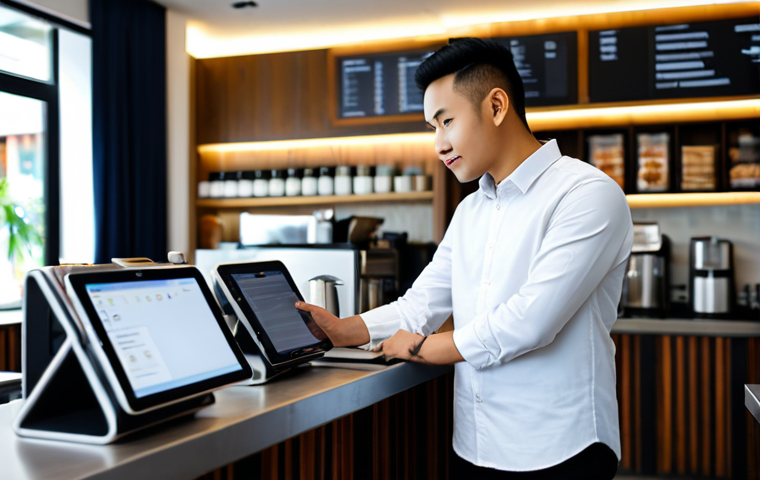 A professional Malaysian F&B business owner, wearing modest business casual attire, standing confidently behind a modern, clean counter in a bustling yet organized cafe in Shah Alam. They are looking at a sleek, cloud-based Point of Sale (POS) system on a tablet, showcasing efficient order management. The background features a subtly blurred, modern cafe interior with professional lighting, indicating a lively business.
    fully clothed, modest clothing, appropriate attire, professional dress, safe for work, appropriate content, professional, perfect anatomy, correct proportions, natural pose, well-formed hands, proper finger count, natural body proportions, high quality photography.