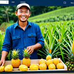 Online Sales Platform**

"A Malaysian farmer, fully clothed in modest farm attire, happily displaying his fresh harvest of pineapples at a well-designed online store interface on a laptop, safe for work, appropriate content, family-friendly, professional photograph, perfect anatomy, natural pose, high quality, modern e-commerce platform, bright and inviting scene."

**