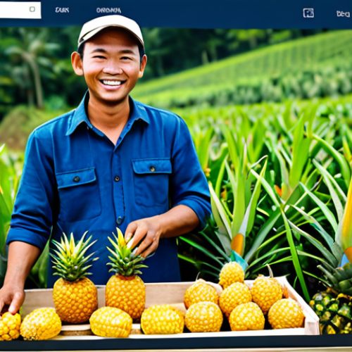 Online Sales Platform**

"A Malaysian farmer, fully clothed in modest farm attire, happily displaying his fresh harvest of pineapples at a well-designed online store interface on a laptop, safe for work, appropriate content, family-friendly, professional photograph, perfect anatomy, natural pose, high quality, modern e-commerce platform, bright and inviting scene."

**