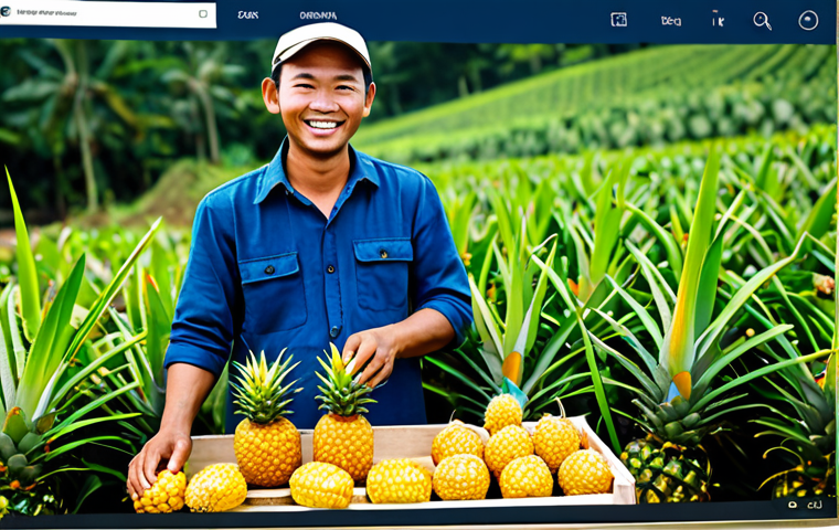 Online Sales Platform**

"A Malaysian farmer, fully clothed in modest farm attire, happily displaying his fresh harvest of pineapples at a well-designed online store interface on a laptop, safe for work, appropriate content, family-friendly, professional photograph, perfect anatomy, natural pose, high quality, modern e-commerce platform, bright and inviting scene."

**